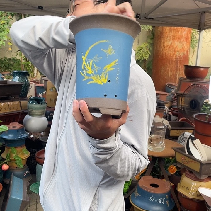 蓝色印金兰花盆18花盆紫砂