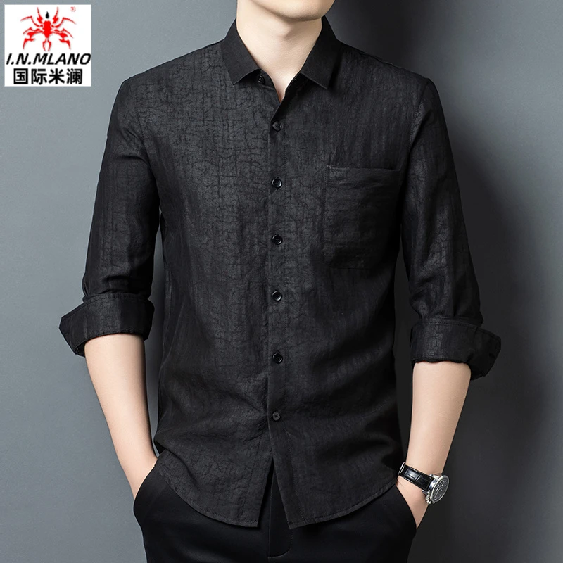 春秋新款重磅香云纱衬衫中年高端桑蚕丝长袖中国风衬衣真丝上衣男