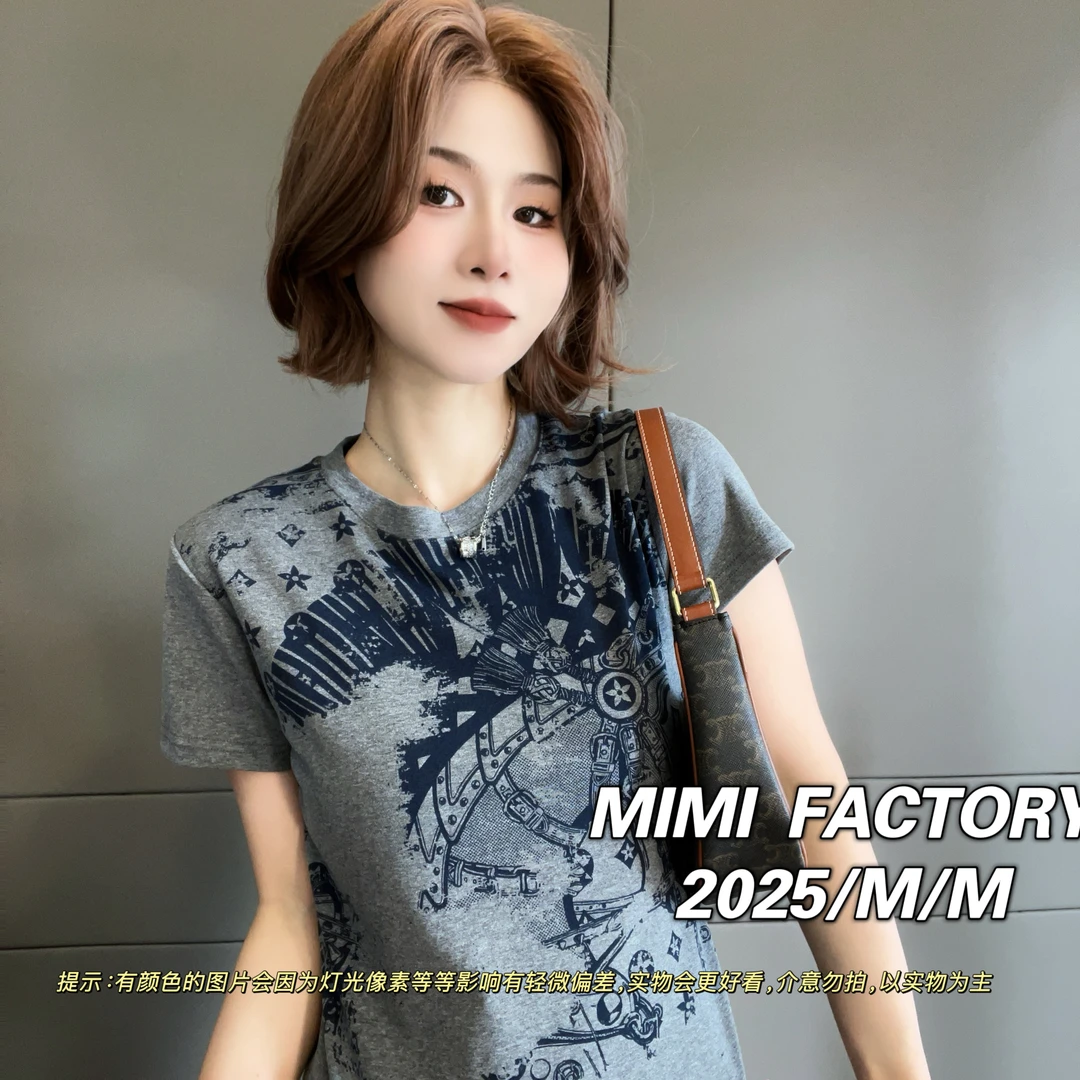 芈芈 2025新款短袖 复古满印短袖T恤女修身显瘦时尚休闲百搭XCTQ