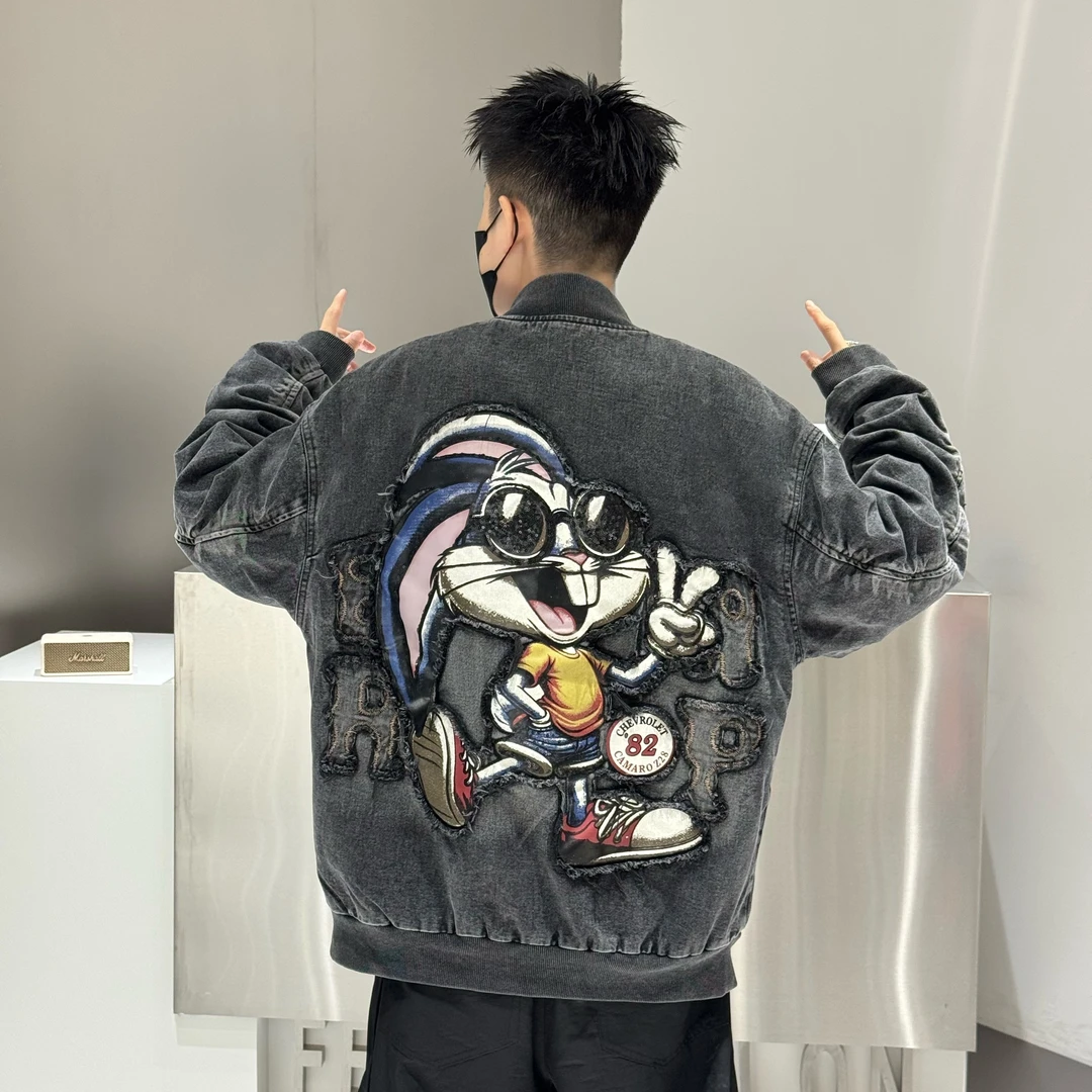 青少年牛仔外套男生棒球服复古美式刺绣夹克美式高街潮牌秋款外套