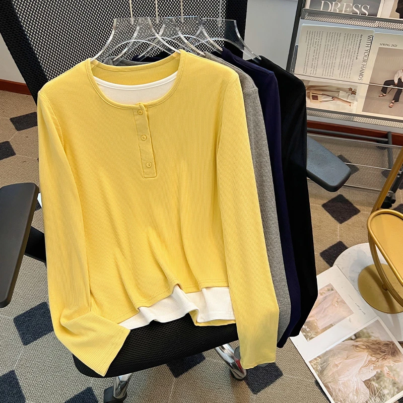 Moses Queen/魔西女王大码胖mm纽扣假两件长袖女显瘦简约百搭上衣