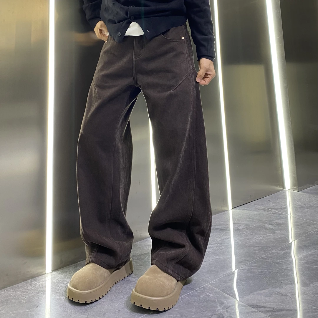 冬季雾感雪尼尔丝绒加厚弯刀立体裁剪牛仔裤复古痞帅宽松百搭长裤