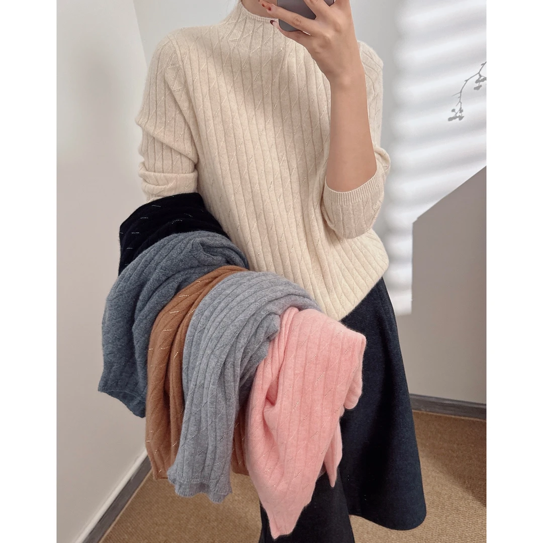 100%山羊绒ins2025秋季新款毛针织衫常规法式套头半高领打底衫女