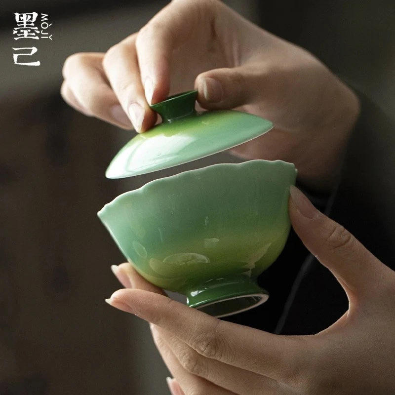 墨己醒春集渐变色仿宋高足花口春归盖碗茶盖碗功夫茶具陶瓷泡茶碗