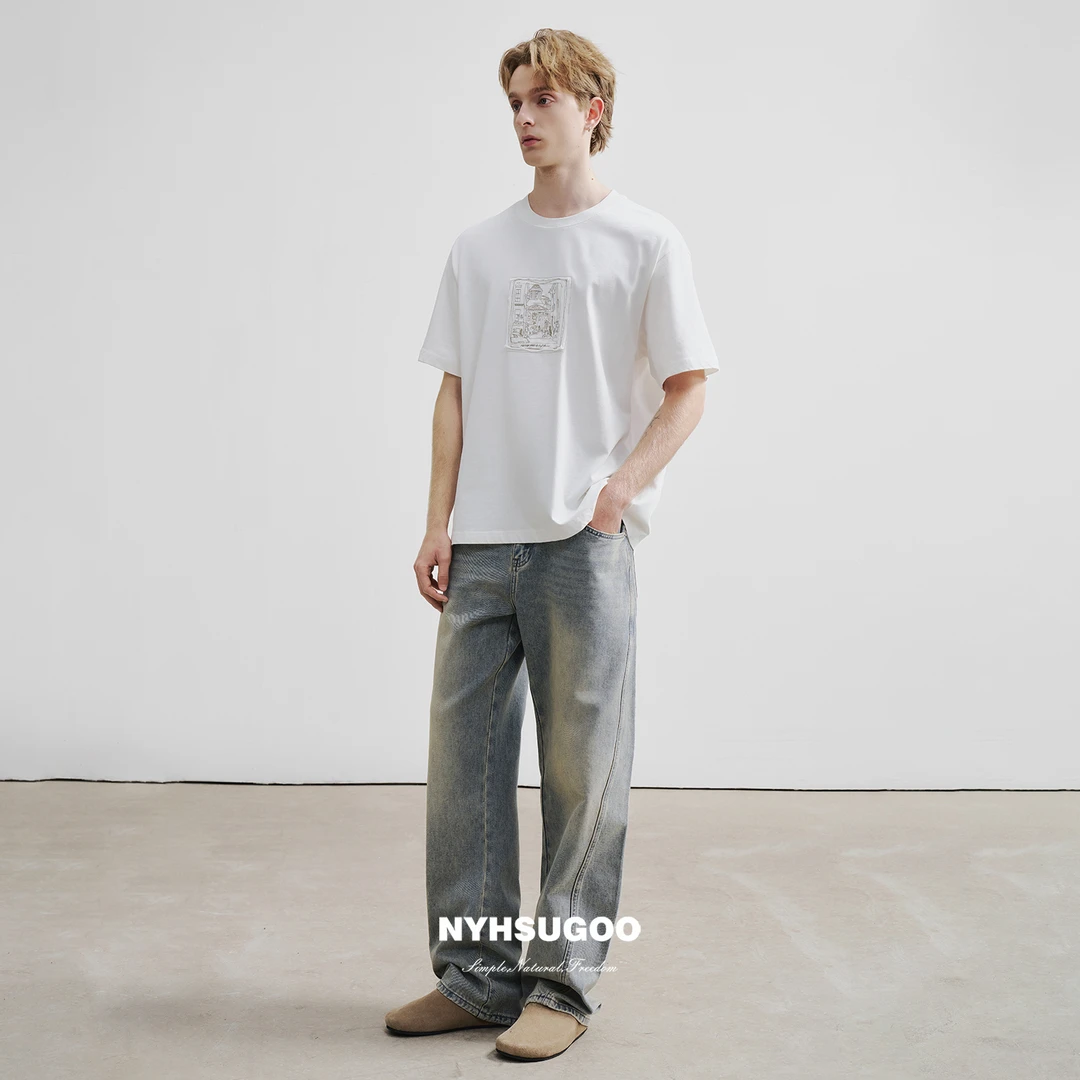 NYHSUGOO/南乙3559春夏25年石墨炒盐做旧牛仔裤男士解构休闲裤