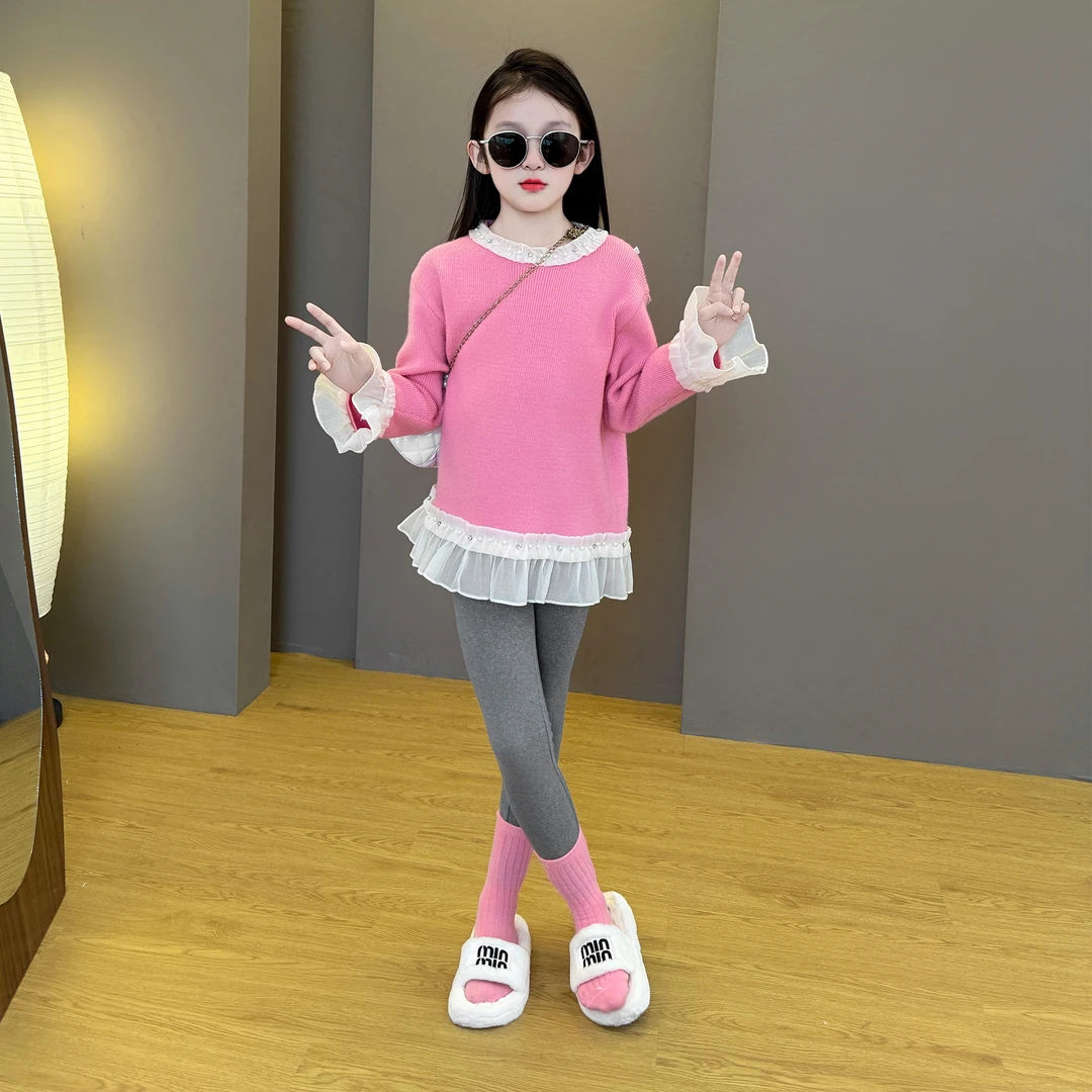 女童毛衣外套2025新款洋气甜美春秋季女孩绝美毛衣打底裤两件套潮