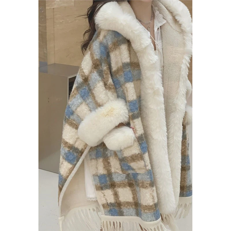 POLO领秋冬复古格纹披肩大衣秋冬新款设计感时尚加绒加厚毛呢开衫
