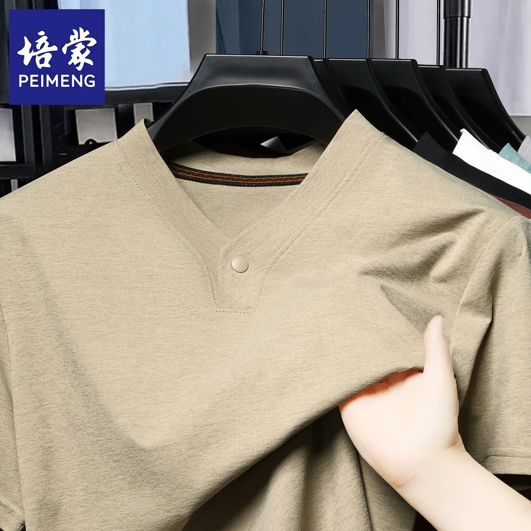 培蒙男士短袖t恤夏季新款V领休闲修身薄款纯色时尚中国风半袖上衣