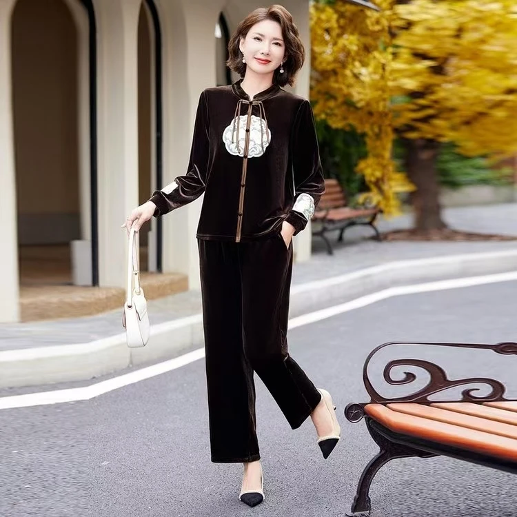 中老年女装春秋套装金丝绒上衣2025新款中年妈妈秋装民族风两件套