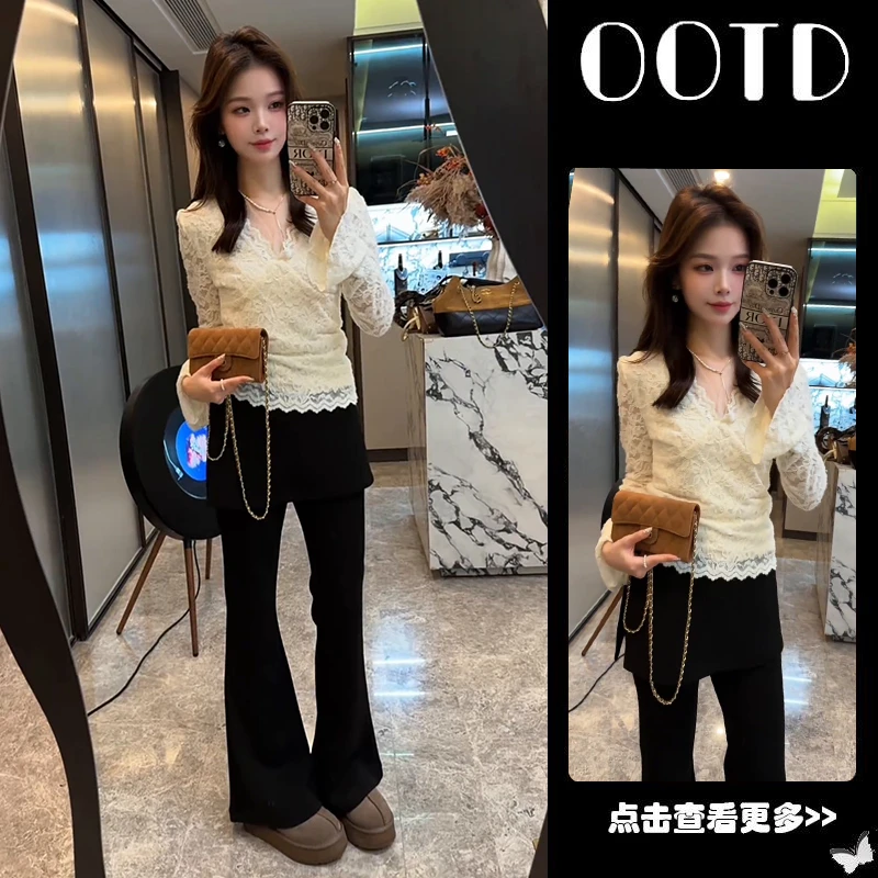 秋季流行穿搭一整套女2025新款V领蕾丝衫百搭拼接微喇裤两件套