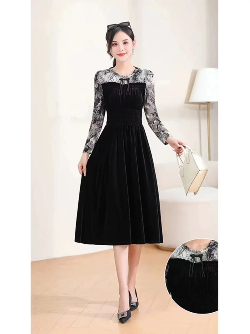 【Q509】时尚金丝绒气质修身中长款连衣裙2024春新款女装显瘦收腰