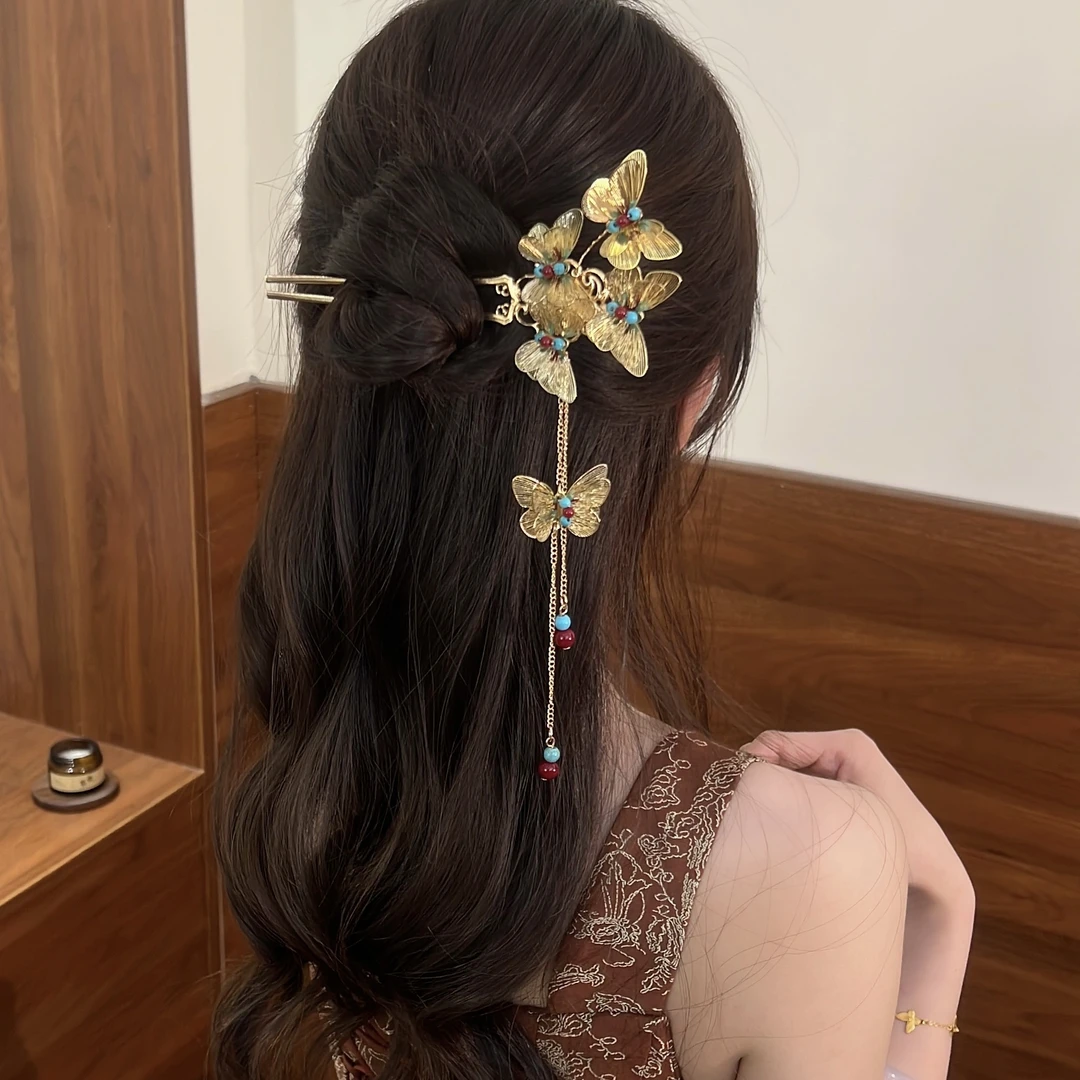 新中式精致重工金色蝴蝶U型发簪发钗汉服旗袍富贵国风发钗簪子