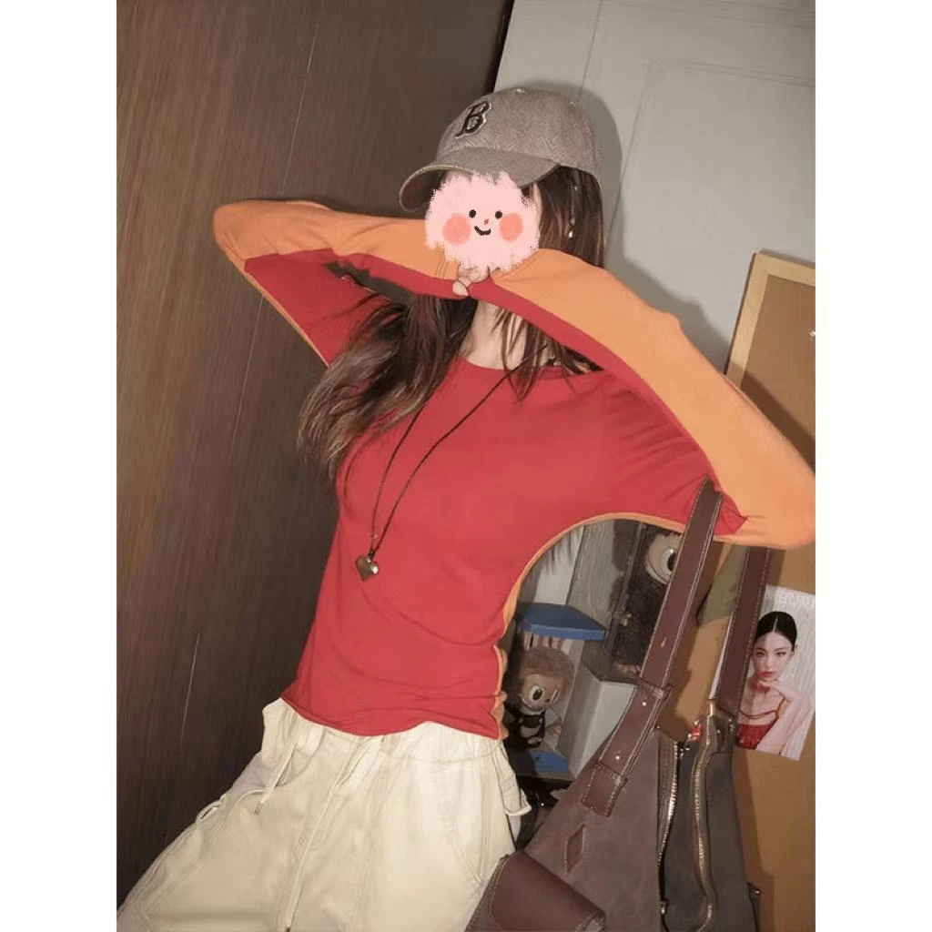 【拼接面膜T】新款设计感双面拼接长袖修身舒适打底上衣女SPK-B1103