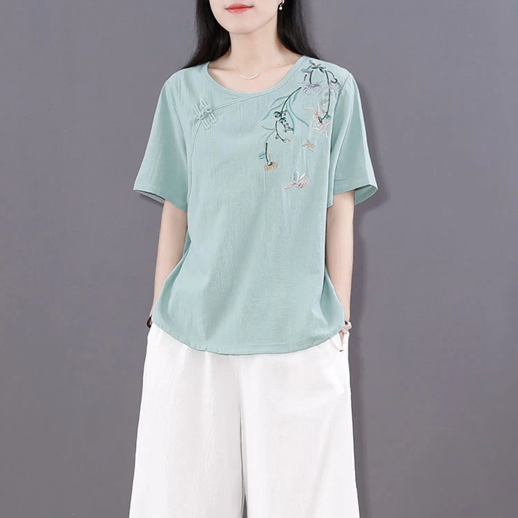 【清货+运费险】棉麻衬衫中国风女装复古刺绣文艺民族短袖t恤XK08