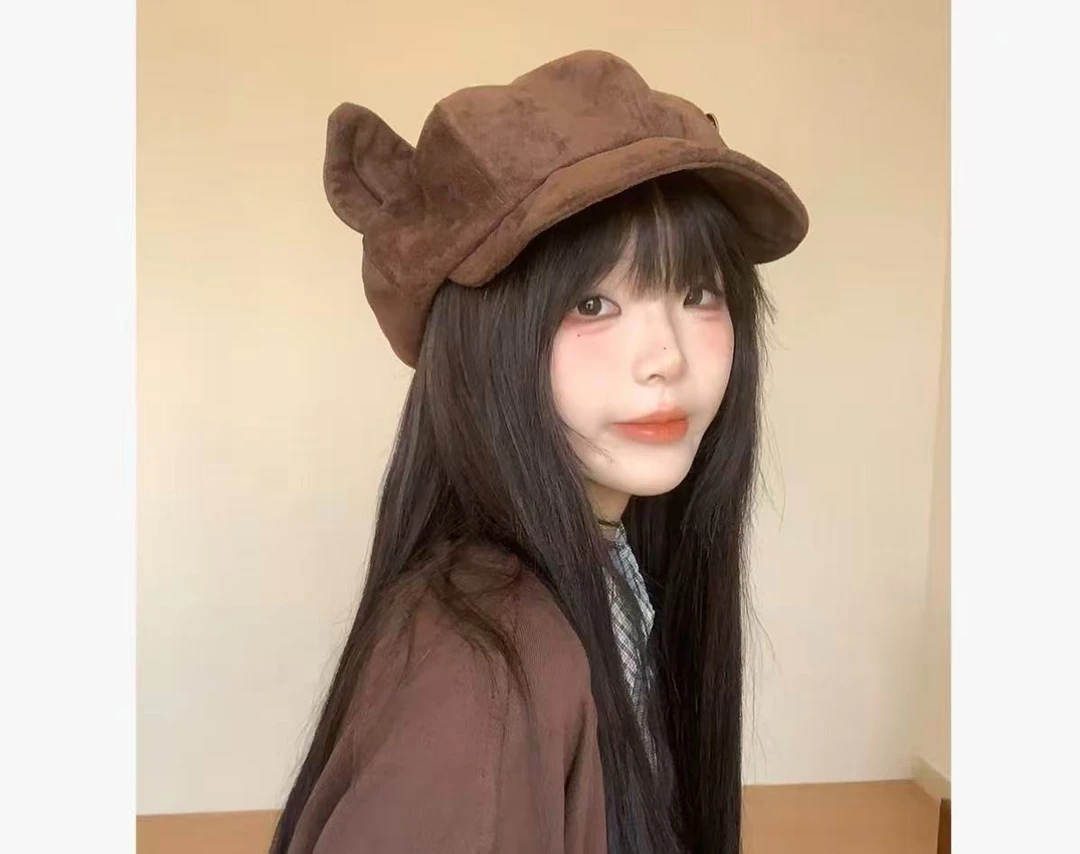 复古麂皮绒猫耳朵贝雷帽女秋冬季显脸小画家帽帽子