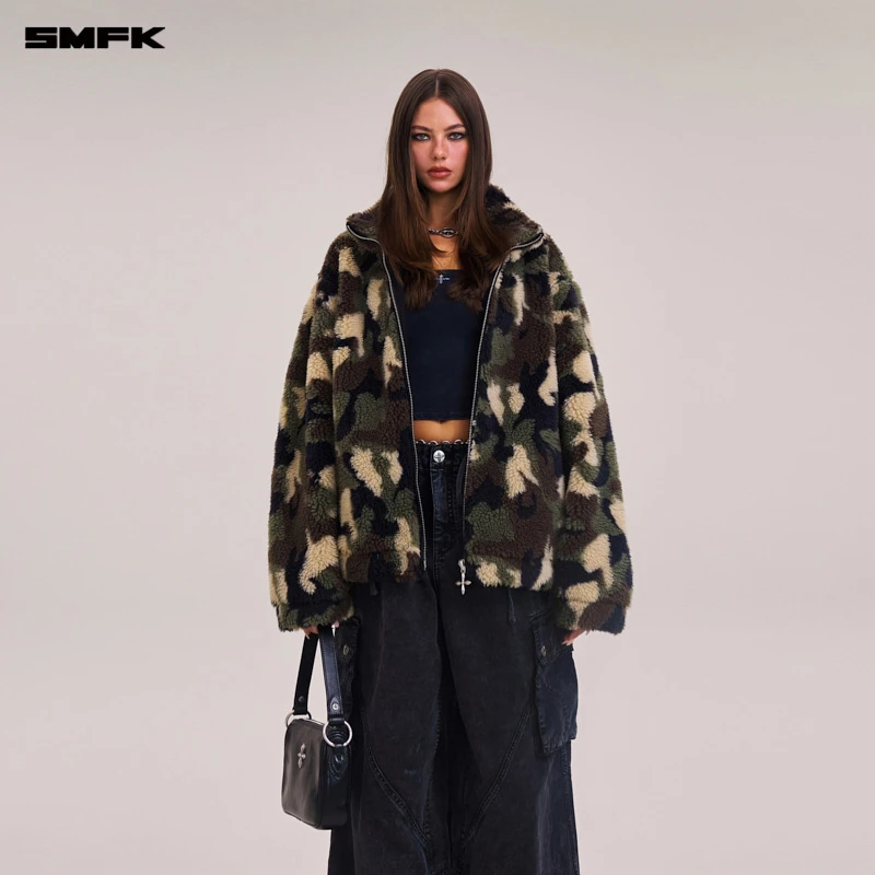 SMFK字雕像流浪羊毛提花迷彩阔身夹克 CF011CF 冬季宽松保暖外套