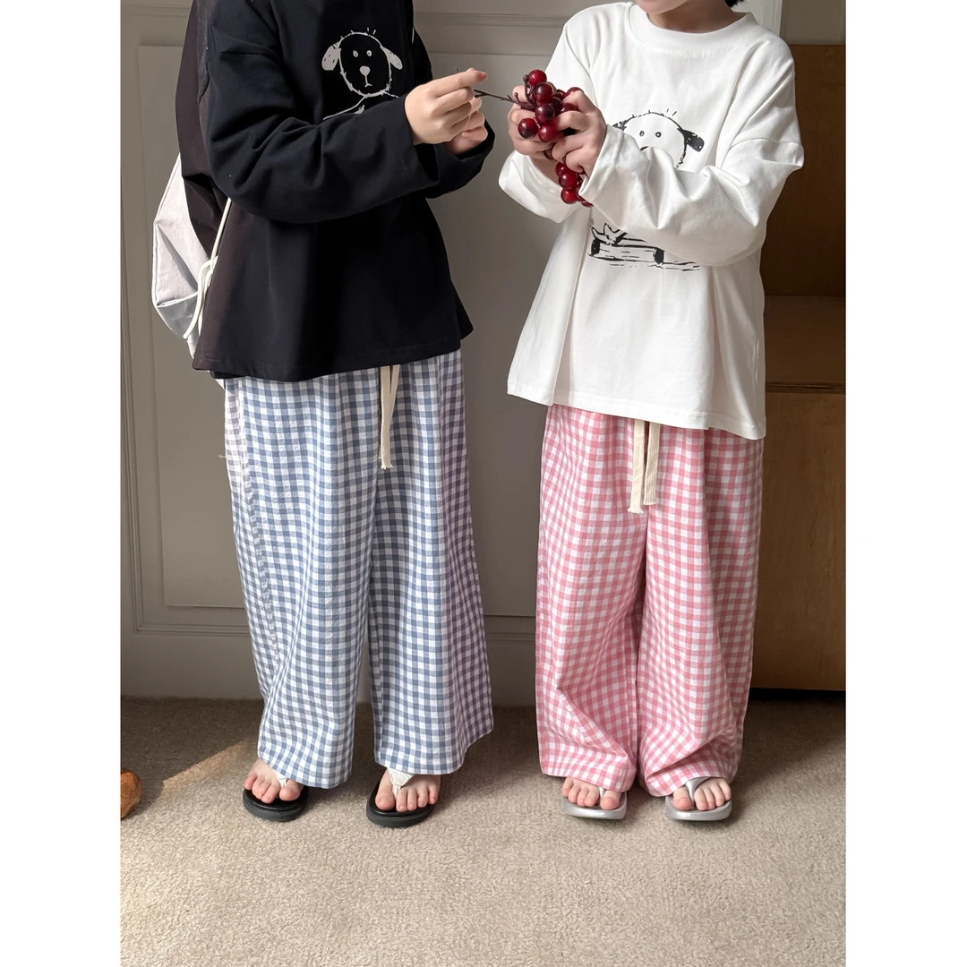 童裤2025春款男女童韩版格子系带阔腿裤儿童宽松薄款休闲直筒裤