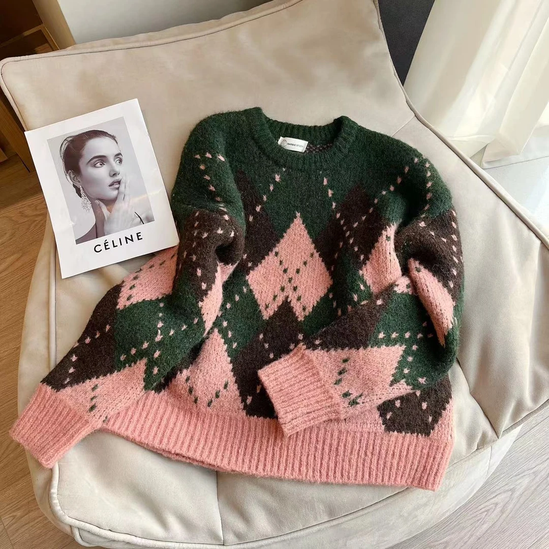 Barbie 辣酱 1468 冬季韩系慵懒菱形圆领毛衣宽松百搭复古