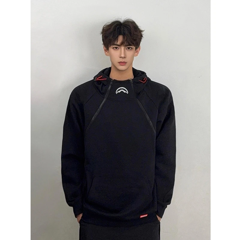 黑色鲨鱼嘴宇航领连帽卫衣男款秋季重磅硬挺oversize拉链解构外套