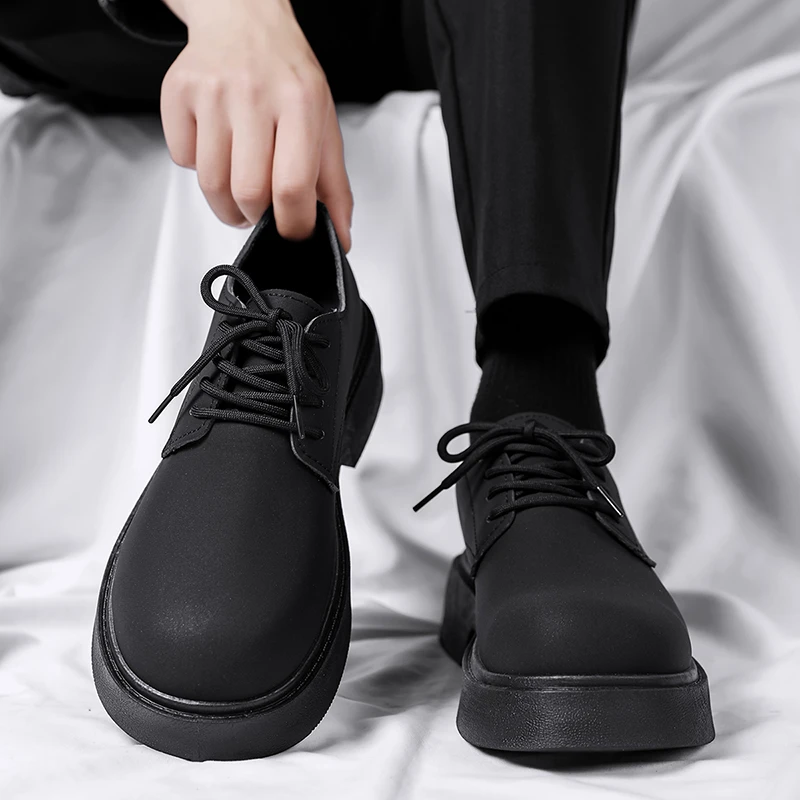 鞋子男款2025新款高级感休闲皮鞋黑色潮流百搭厚底增高大头德比鞋