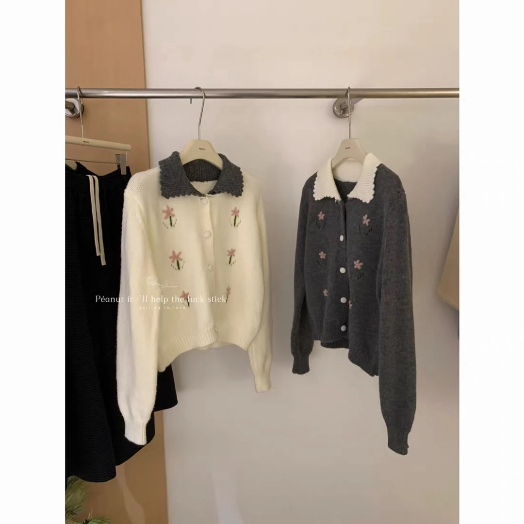 泡菜国钩花工艺 1278 刺绣翻领软糯针织