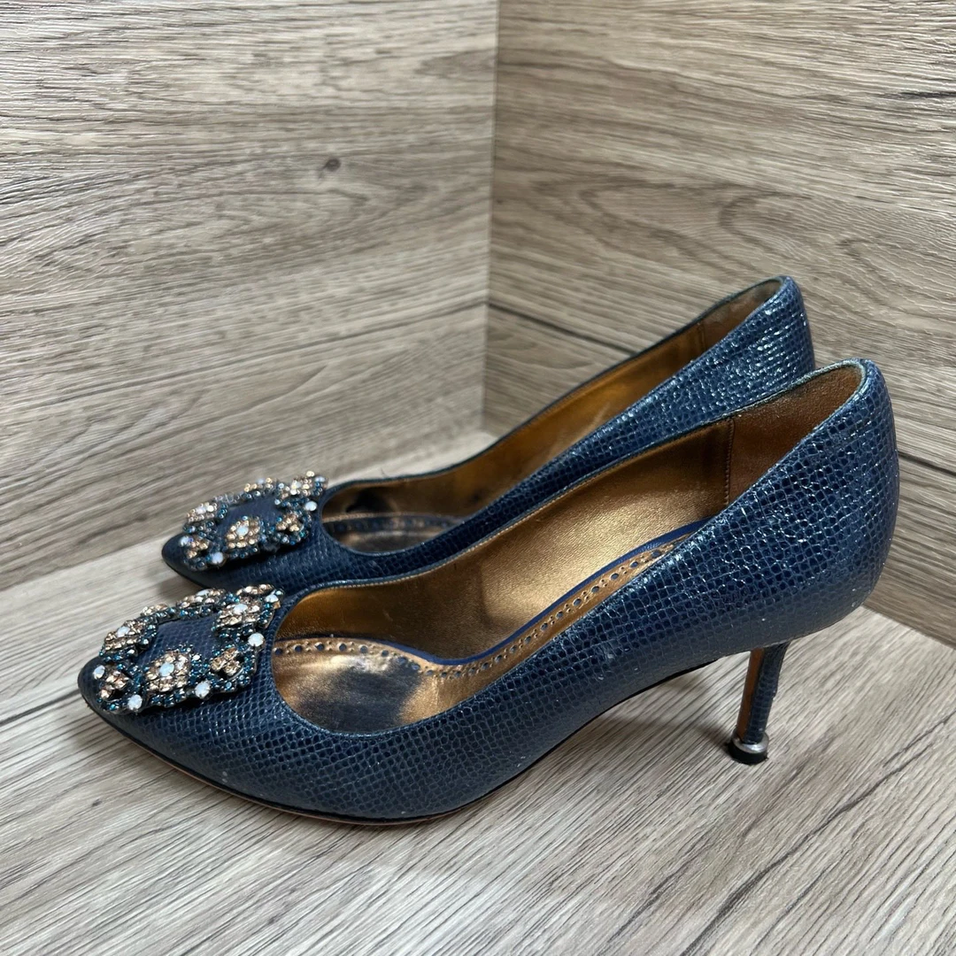 95新 MANOLO BLAHNIK/莫罗·伯拉尼克 蓝钻扣高跟鞋 35码/无配件