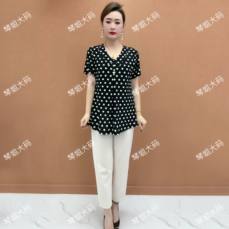 加肥加大码新款宽松气质显瘦遮肚中老年小衫夏季时尚妈妈装波点