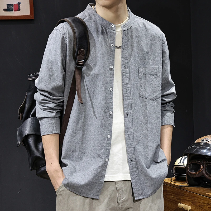 秋季2025新款长袖衬衫男士美式休闲重磅纯棉重磅磨毛衬衣外套春秋