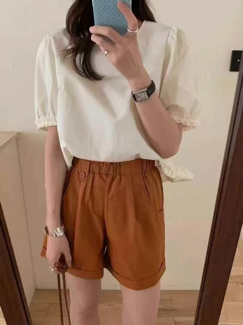 DUO,DUO2025夏季新款休闲百搭松紧腰翻边短裤（扣子款短裤）