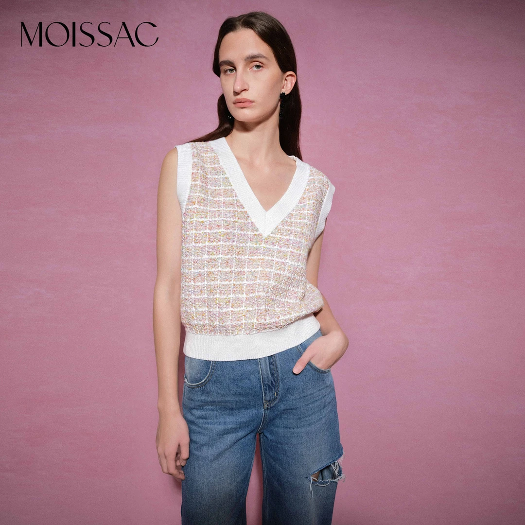 【KK专属】MOISSAC/摩萨克 春温柔小香风格纹马甲MWDC31306
