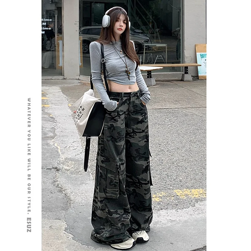 美式复古迷彩工装牛仔裤女春秋新款高腰宽松高街hiphop休闲阔腿裤