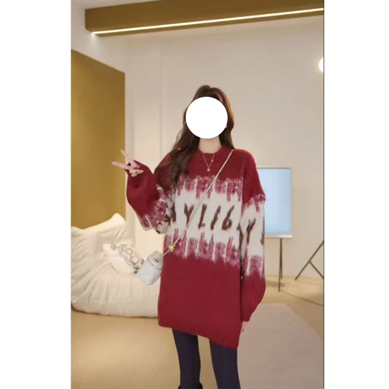 新年圣诞风穿搭复古圆领针织毛衣秋冬季大码胖MM慵懒软糯内搭上衣