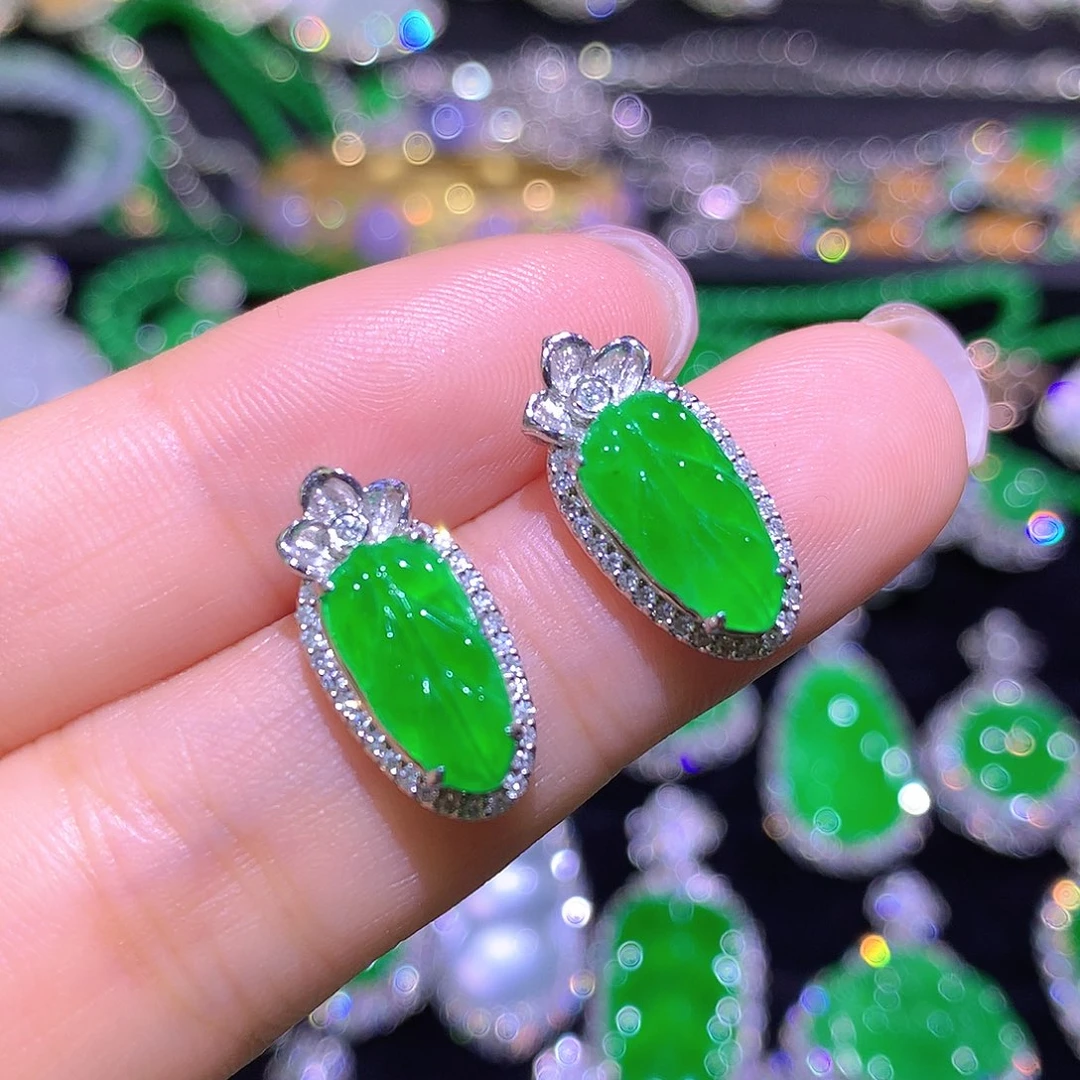 翡翠18K金镶嵌耳饰高冰满绿正阳绿金枝玉叶