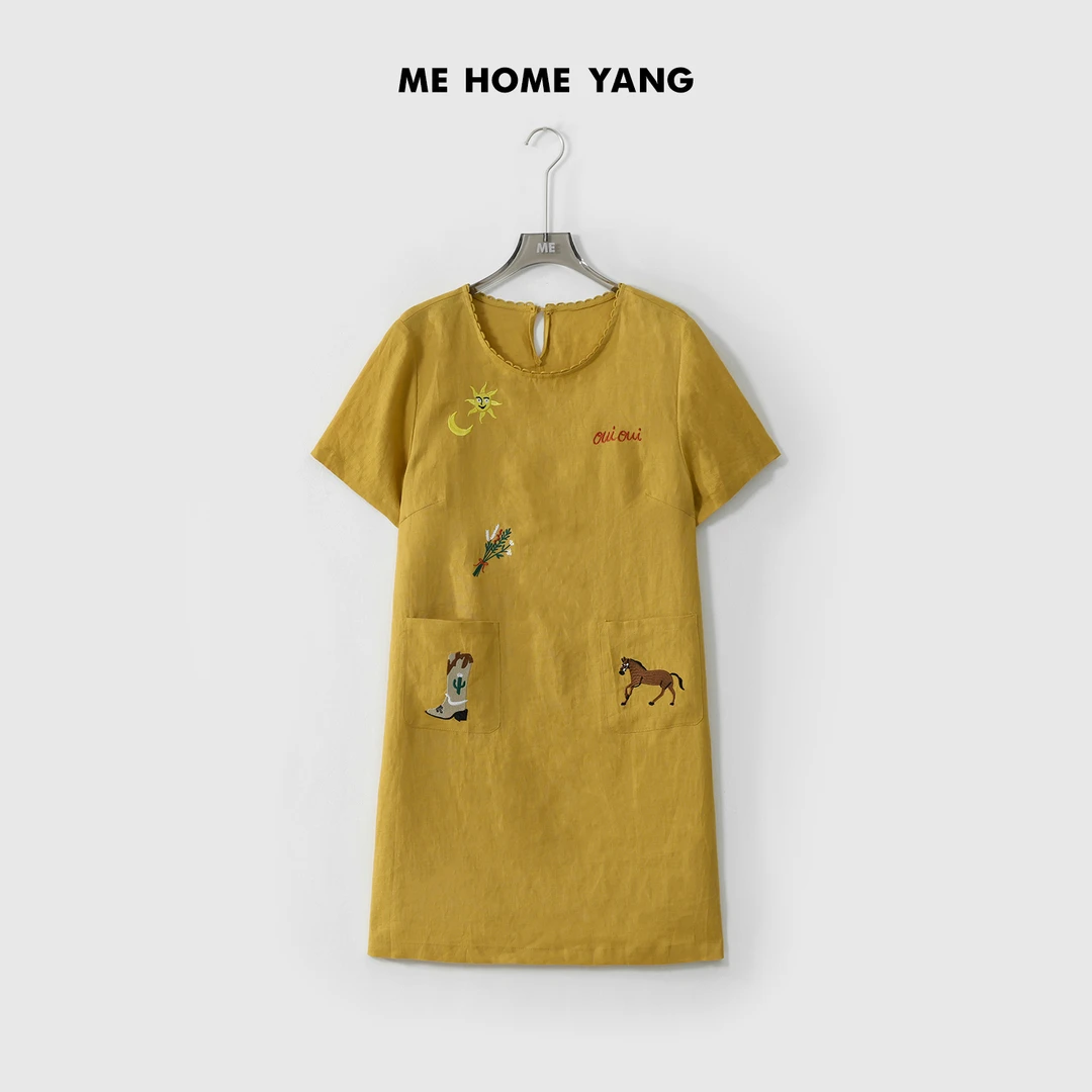 ME【100%亚麻中古刺绣连衣裙】一手长透气显瘦时尚短袖裙子MESS3788
