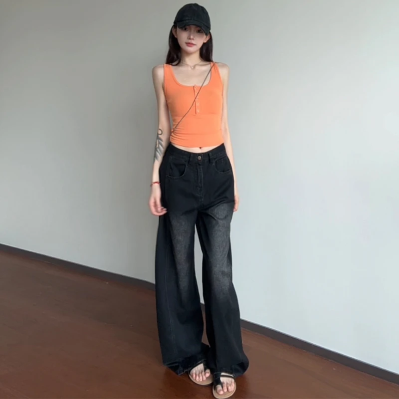 高级黑弯刀牛仔裤女2025年夏季薄款宽松显瘦拖地百搭慵懒阔腿裤子