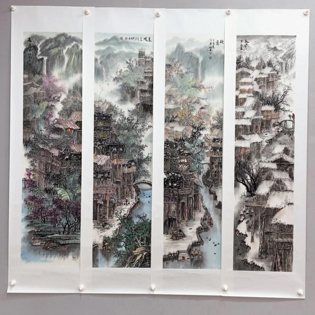 国画唐年桂四条屏真人真品