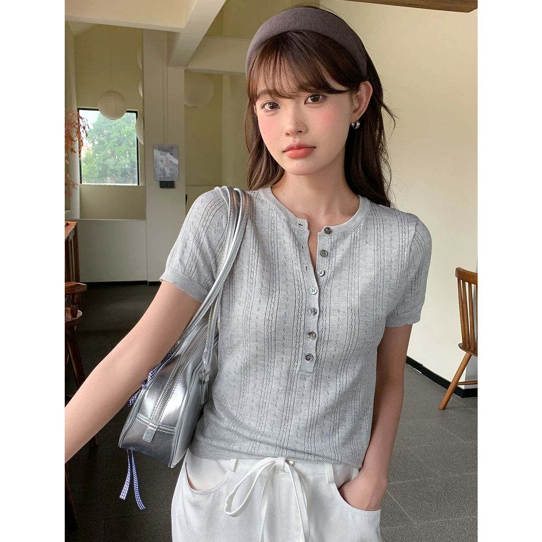 夏季莱赛尔凉感半开领T恤女镂空勾花显瘦修身小众薄款上衣女