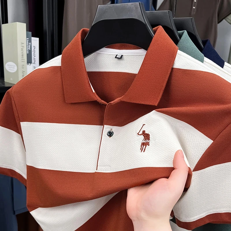 【高弹棉】夏季大码男士翻领条纹宽松半袖时尚休闲修身短袖T恤