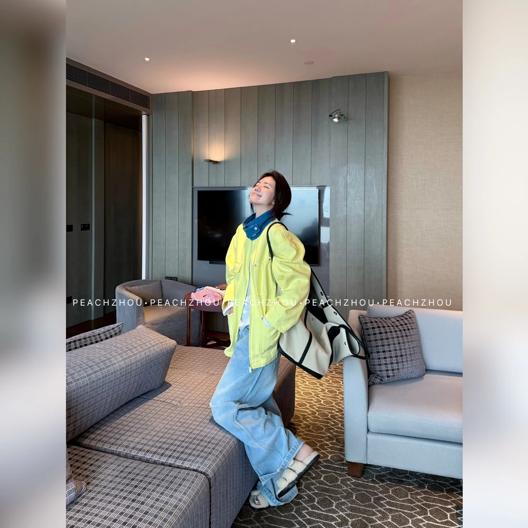 『PEACHZHOU』撞色巴恩风水洗印花磨破翻领立领可调节宽松拉链外套