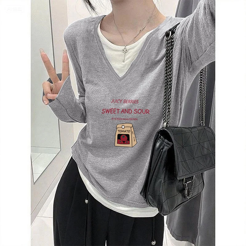 小众设计感V领假两件长袖t恤女休闲时尚打底衫早秋冬新款灰色上衣