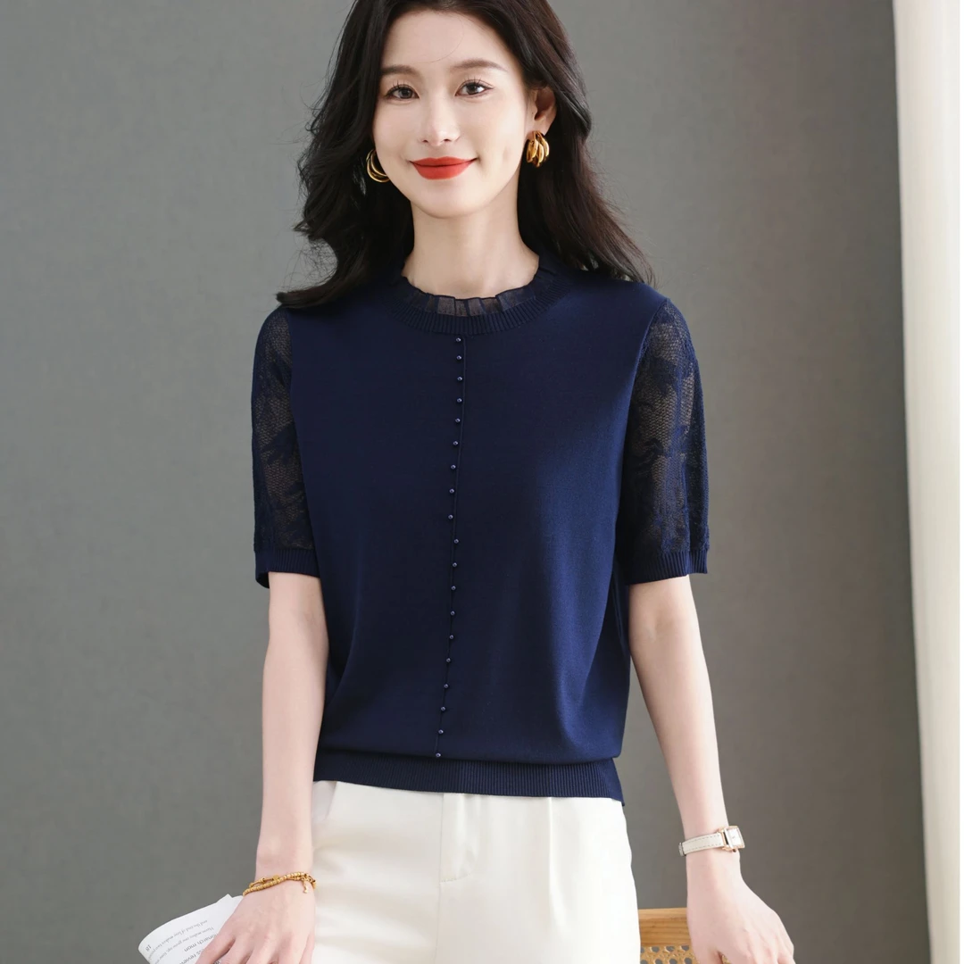 品牌女装冰丝短袖t恤女夏季2025新款蕾丝镂空针织衫宽松夏款上衣