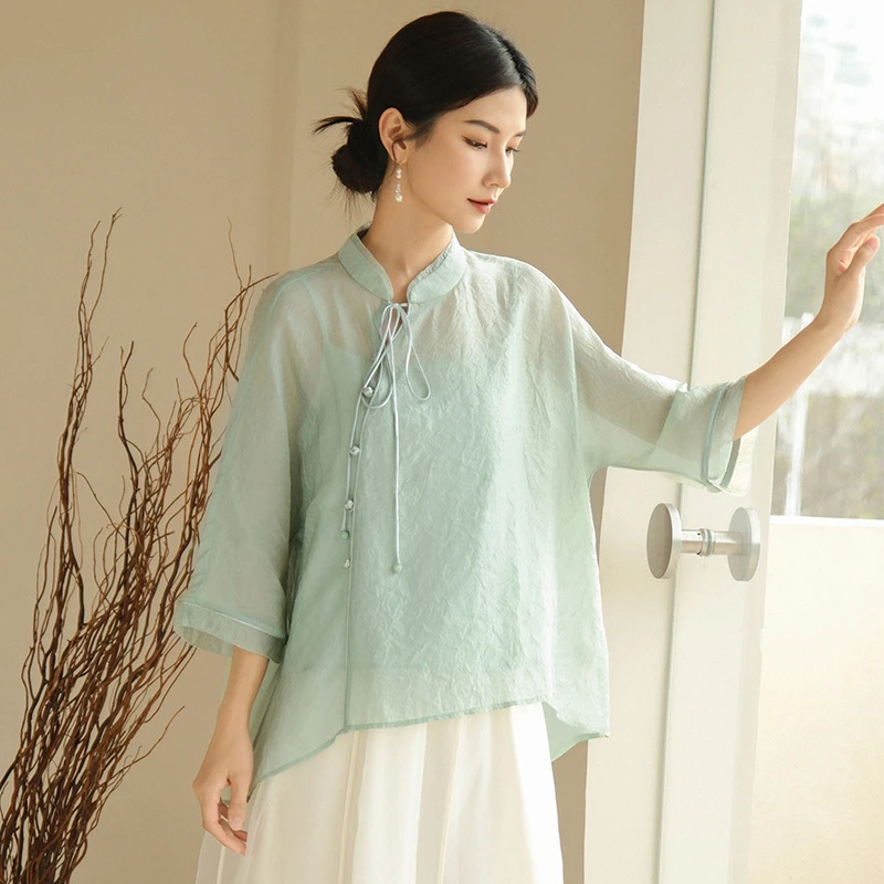 2025新款女士上衣禅茶服改良唐装新中式国风飘逸套装练功服