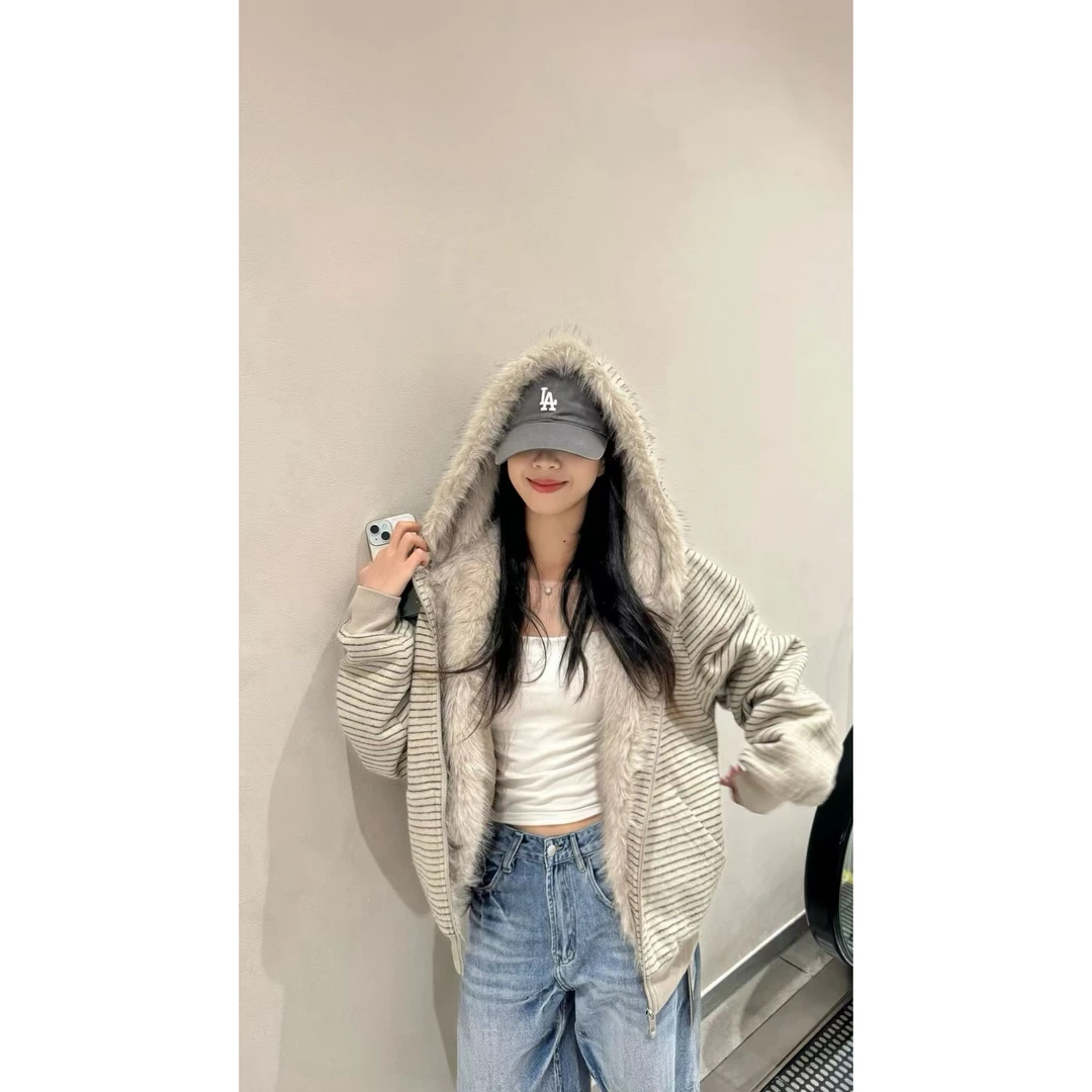 秋冬新款韩系宽松条纹廓形毛领夹棉棉衣爆款座山雕外套女  82206