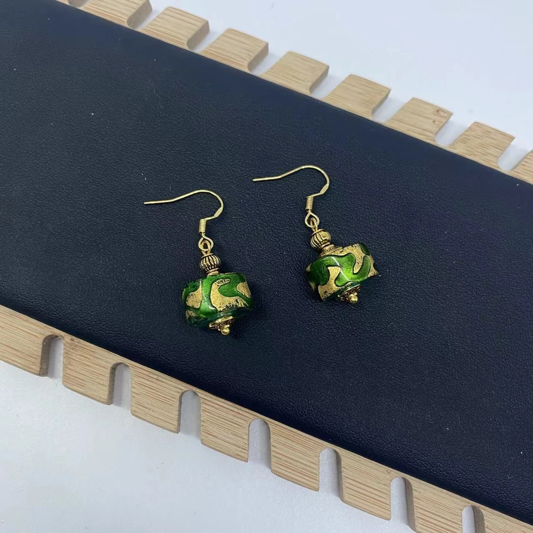 合金耳饰 LZ2518-1 绿色银箔雕刻圆筒台湾老师琉璃耳环