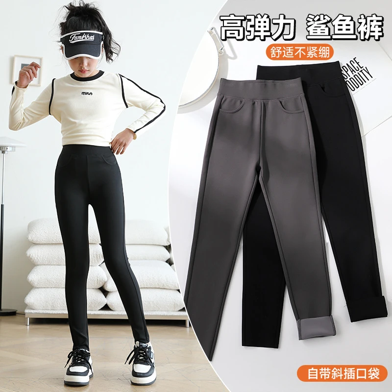 大码女童鲨鱼打底裤薄儿童高腰弹力紧身裤中大童口袋瑜伽运动裤