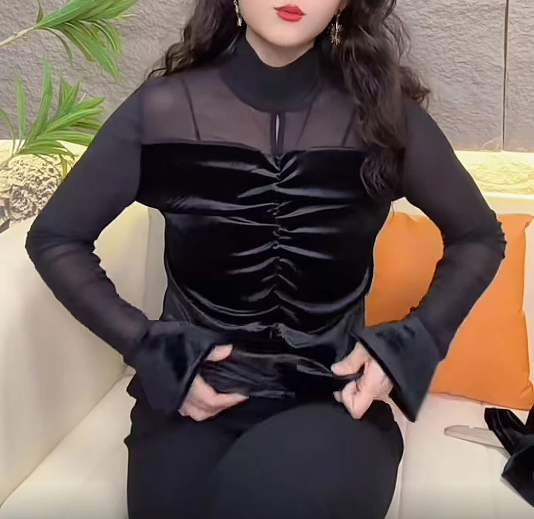 6774洋气镂空网纱拼接丝绒半高领长袖衬衫女秋季新款修身显瘦上衣