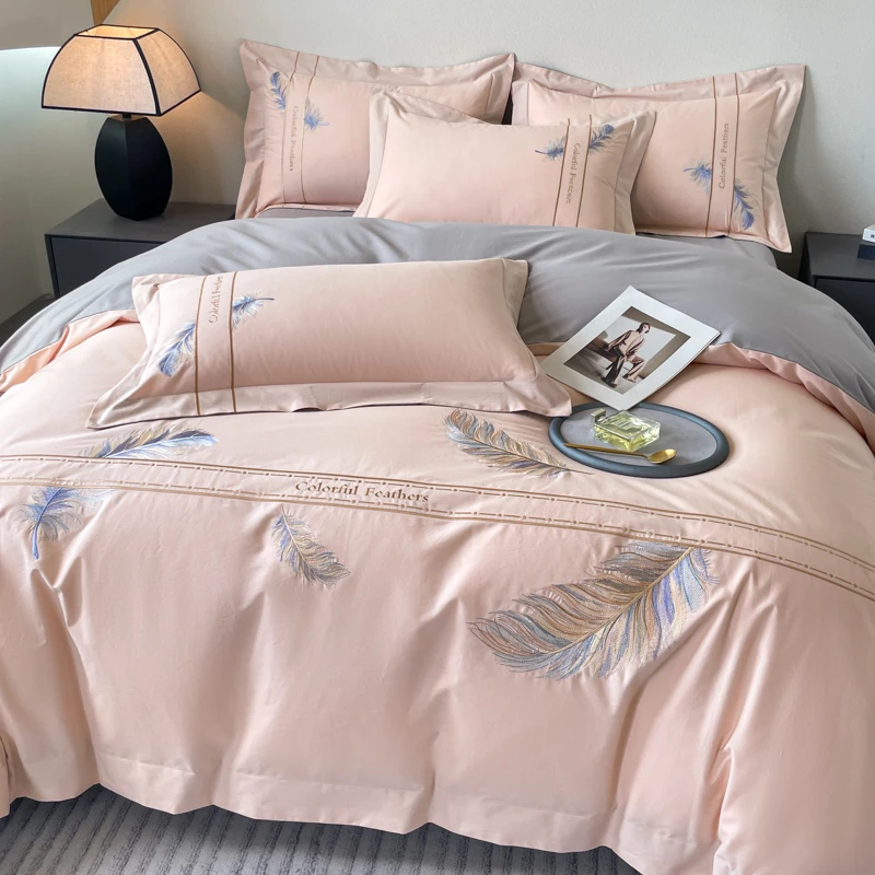 富安娜高档轻奢长绒棉四件套床品套件简约纯棉舒适刺绣床上用品4