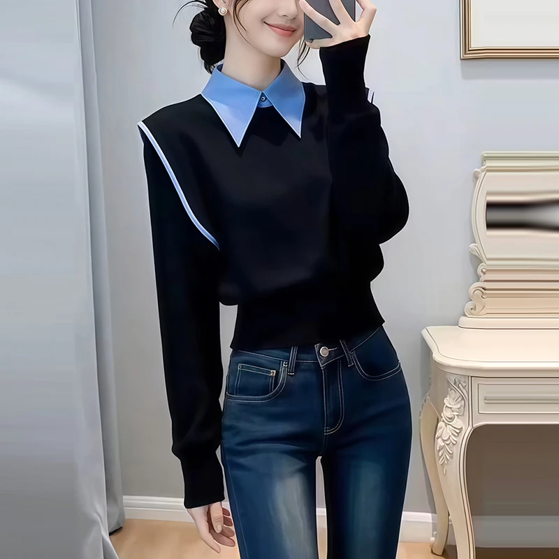 设计感撞色假两件Polo领黑色套头卫衣女秋冬掐腰显瘦百搭短款上衣