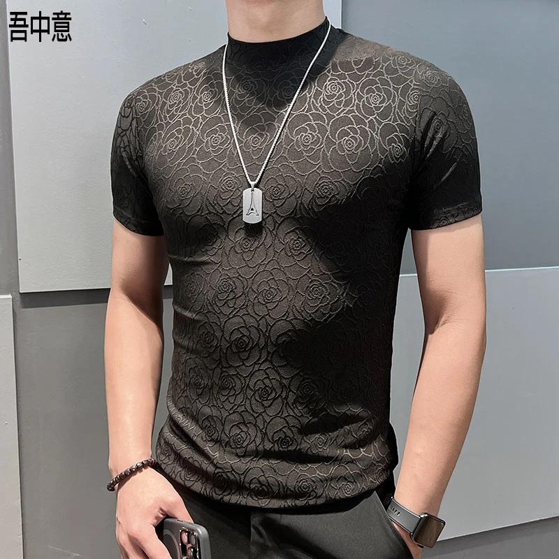 小中领提花短袖t恤男弹力修身打底衫男款爆款2025新款印花体恤男