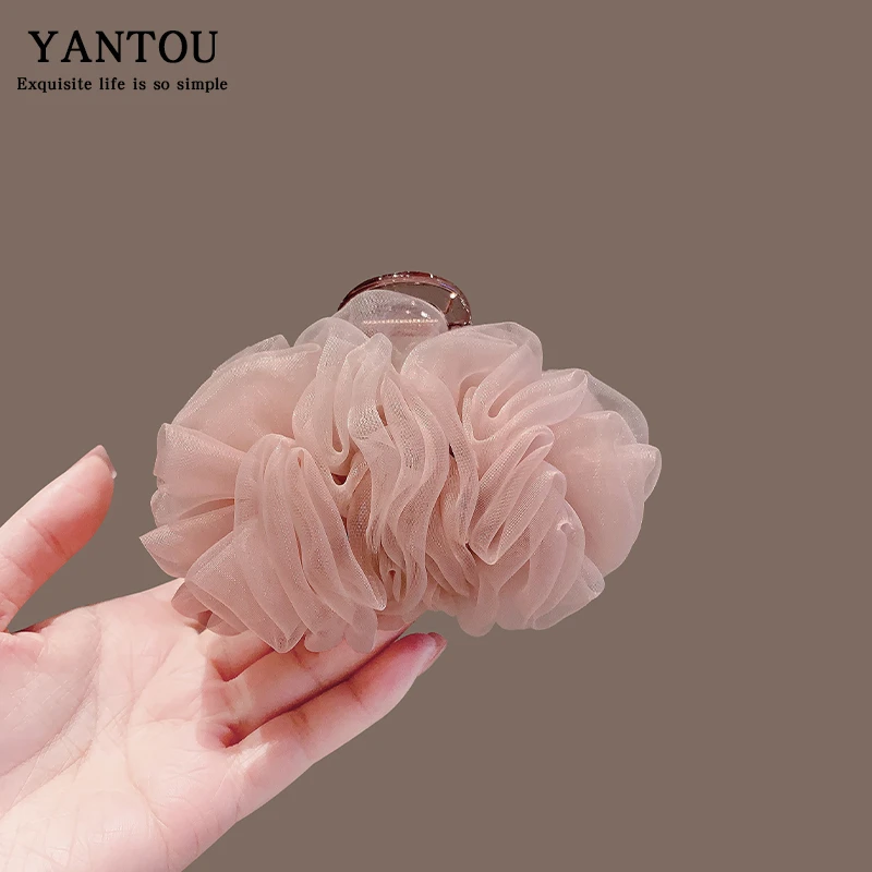 仙美绢纱花朵抓夹女后脑勺优雅粉色盘发抓夹大号高级感鲨鱼齿夹子